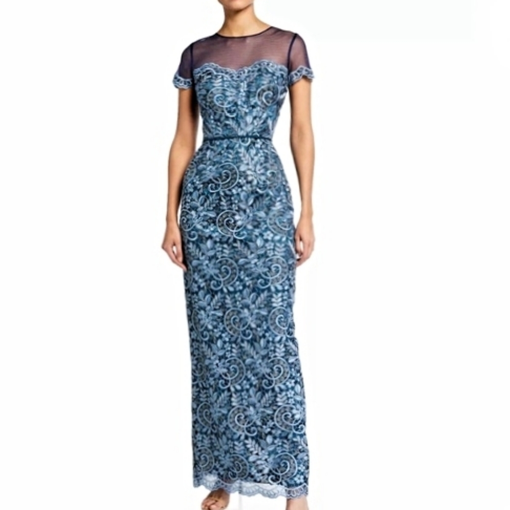 JS COLLECTIONS FLORAL EMBROIDERED METALLIC DRESS